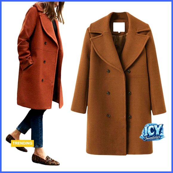 Wool Blend Pea Coat Double Breasted Notched Lapel Mid Length Trench Overcoat